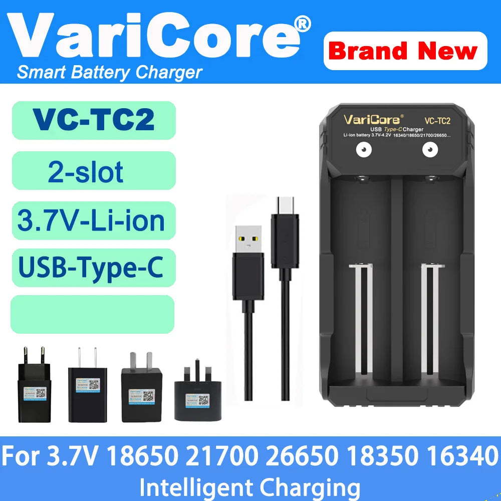 VCQ4 TC2 Intelligent Battery Charger Portable for 3.7V Lithium 18650 26650 21700 18500 18350 1.2V NI-MH Ni-Cd AA AAA